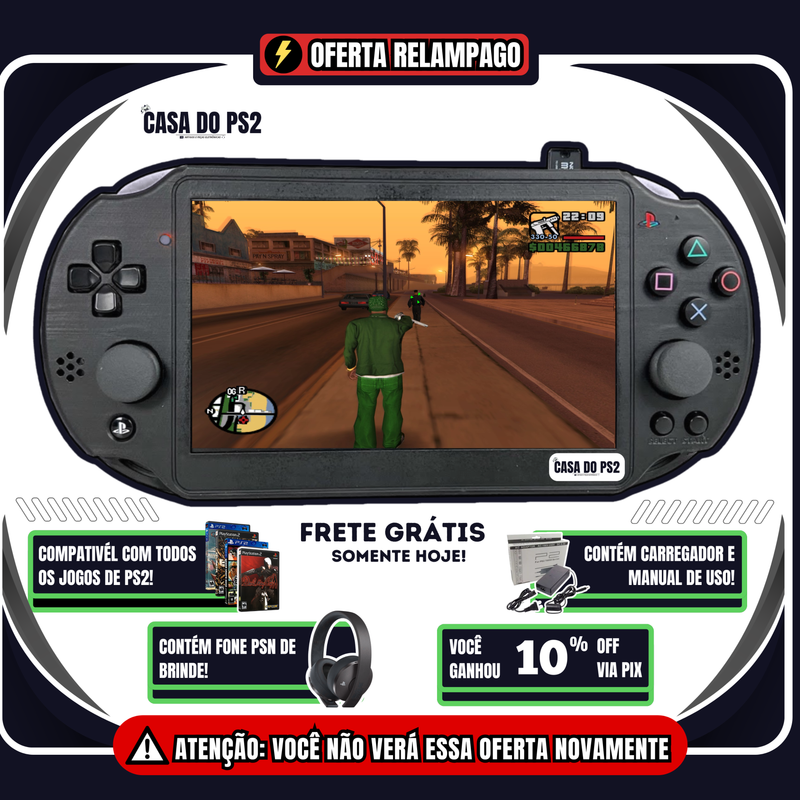 PS2 PORTÁTIL HD + FONE PSN E PEN DRIVE COM 1000 JOGOS DE BRINDE [ULTIMAS UNIDADES🔥]