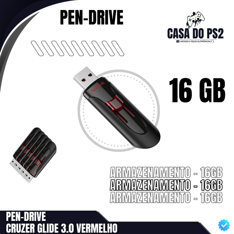 PEN-DRIVE CRUZER GLIDE 3.0 VERMELHO [ARMAZENAMENTO - 16GB]
